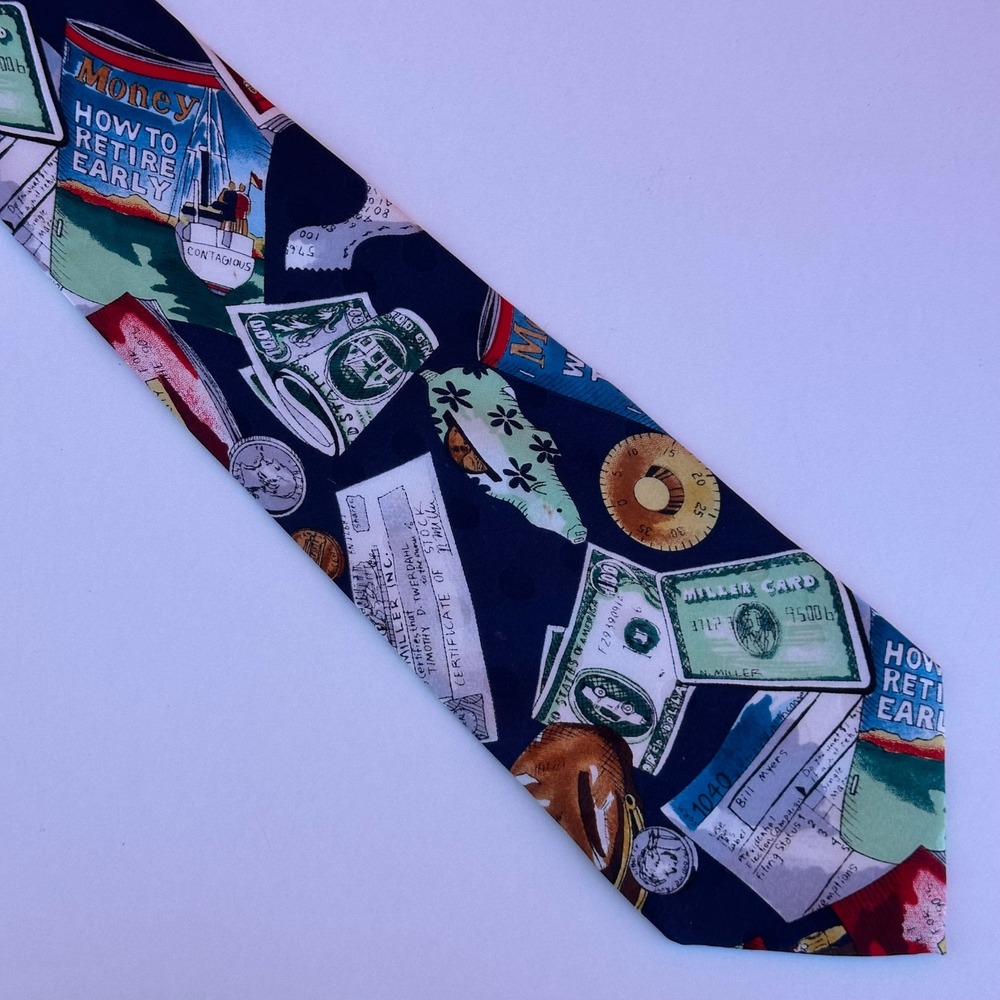 Vtg Nicole Miller Money Theme Silk Tie How To Retire Early Finance Novelty 58"